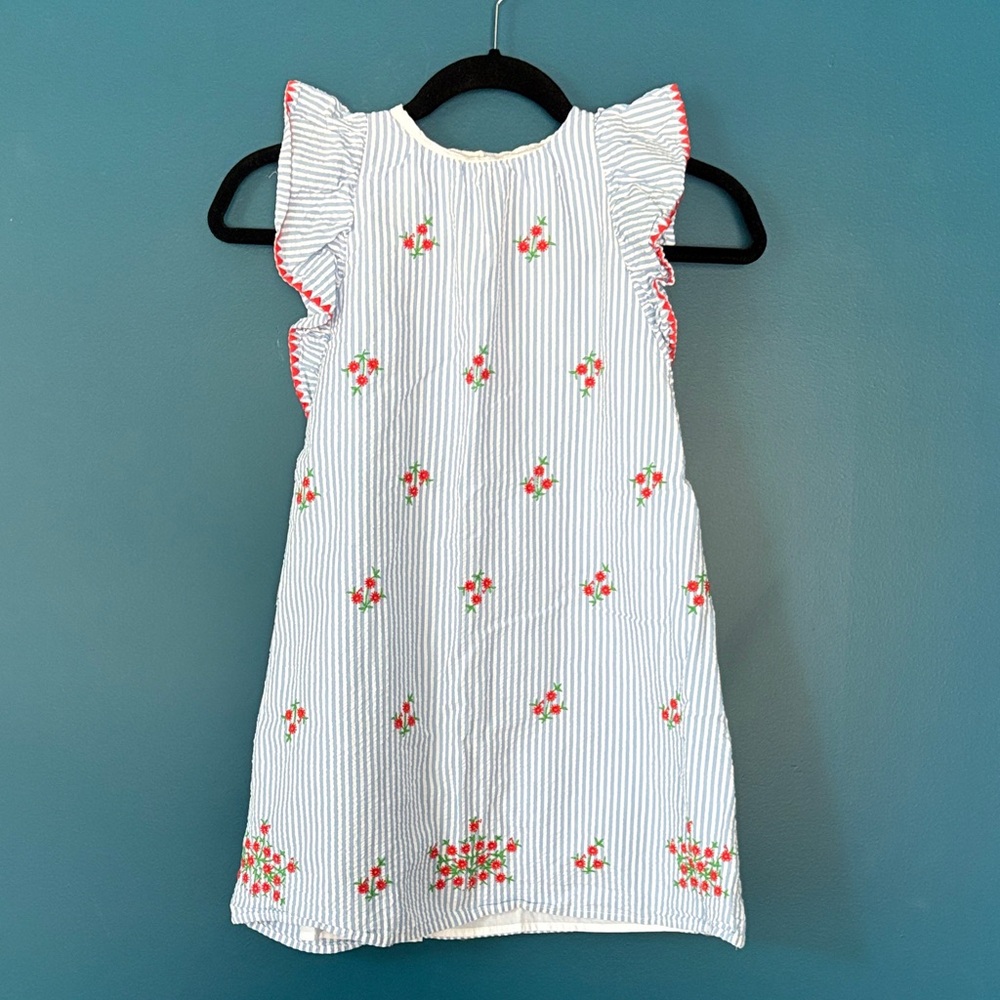 Crewcuts White and Blue Seersucker Striped Dress with Floral Accents